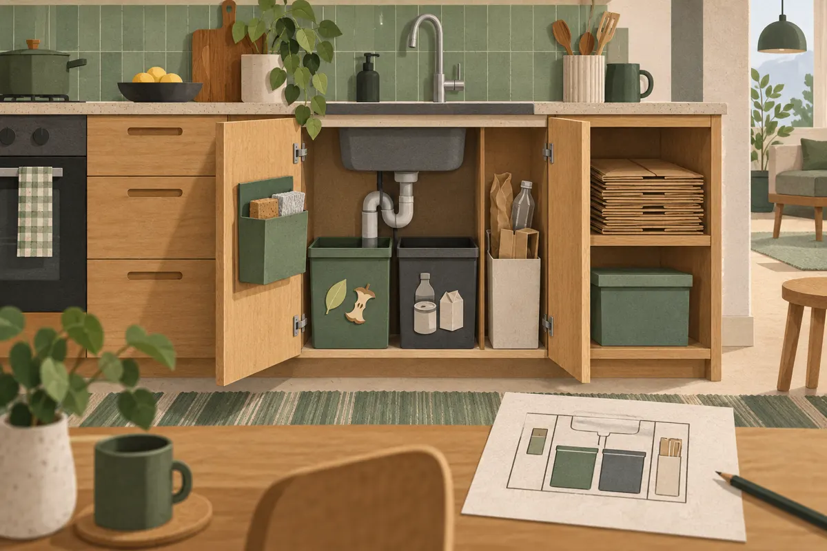 Ilustracja małej kuchni z pojemnikami pod zlewem, wykorzystaną przestrzenią na drzwiczkach i płasko ułożonymi kartonami.