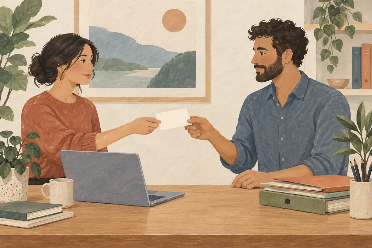 Ilustracja dwóch współpracowników omawiających przekazanie zadania przy biurku.